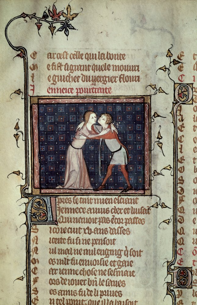 Ms 1126 fol.8r Youth and Love Embracing、from Le Roman de la Rose by Guillaume de Loris and Jean de Meung 作： フランス語学校