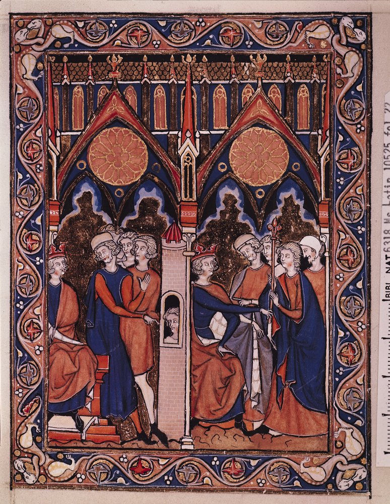 Ms Lat 10525 Fol.22ジョセフはファラオの夢を説明し、ファラオは彼の執事を復活させました、セントルイスの詩篇、c.1258-70から 作： フランス語学校