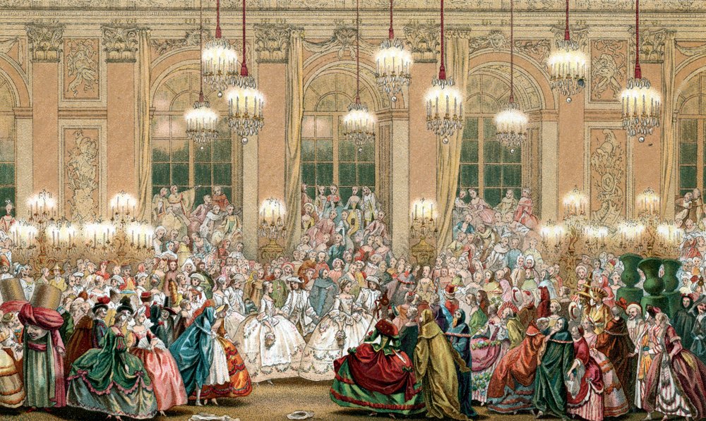 アンティーク フランス 版画 Dahlouse 仮面舞踏会 ルイ 15 世王の宮廷