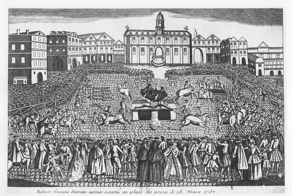 「処刑台の広場」 17世紀ヨーロッパ版画 1757年3月28日、パリのグレーヴ広場でロバートフランソワダミアンが