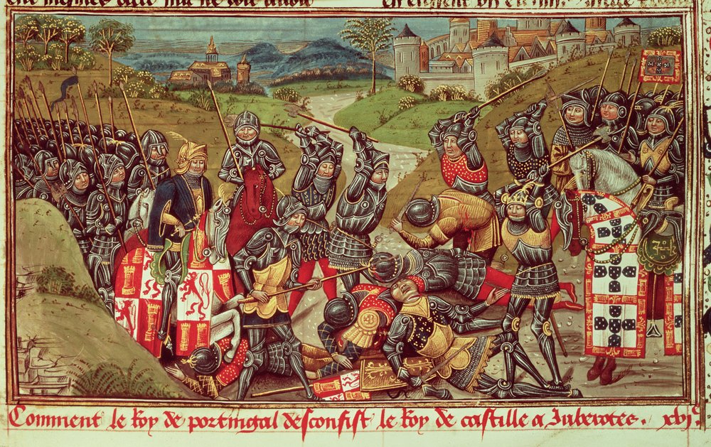 Royal Ms 14 E IV f.204: ポルトガル、アルジュバロタの戦いでエイビスのフアン 1 世がカスティーリャのフアン 1 世を破った 作： フランス語学校