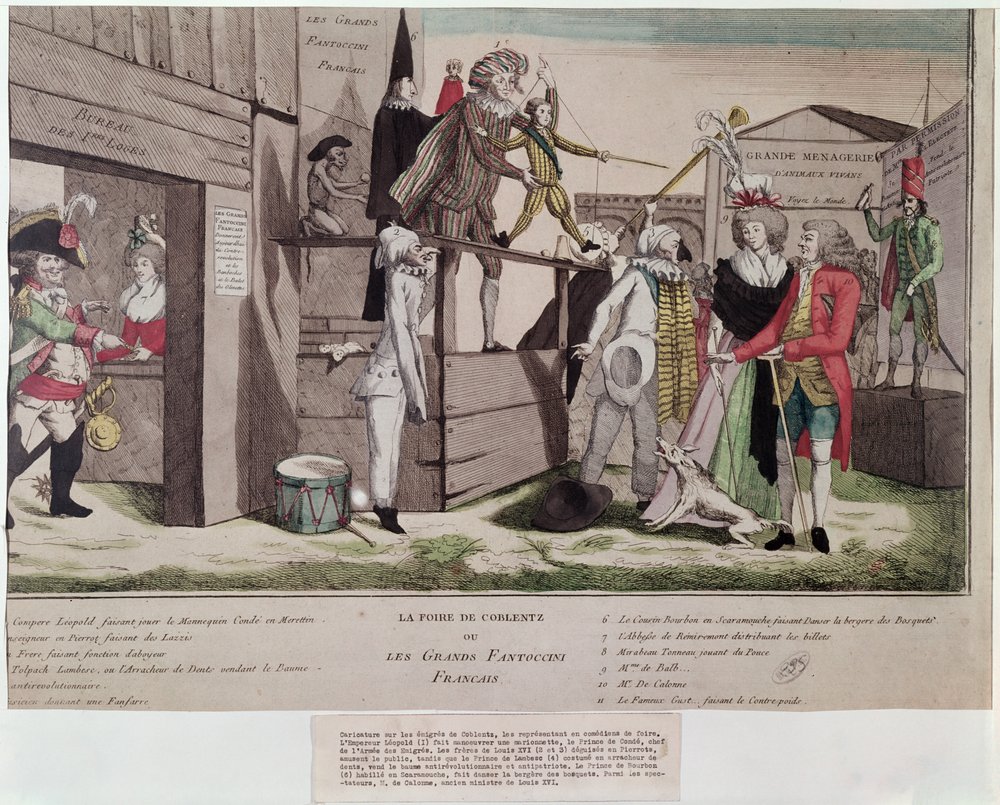 コブレンツとピルニッツ宣言のフランスの移民に関する風刺漫画、1791年