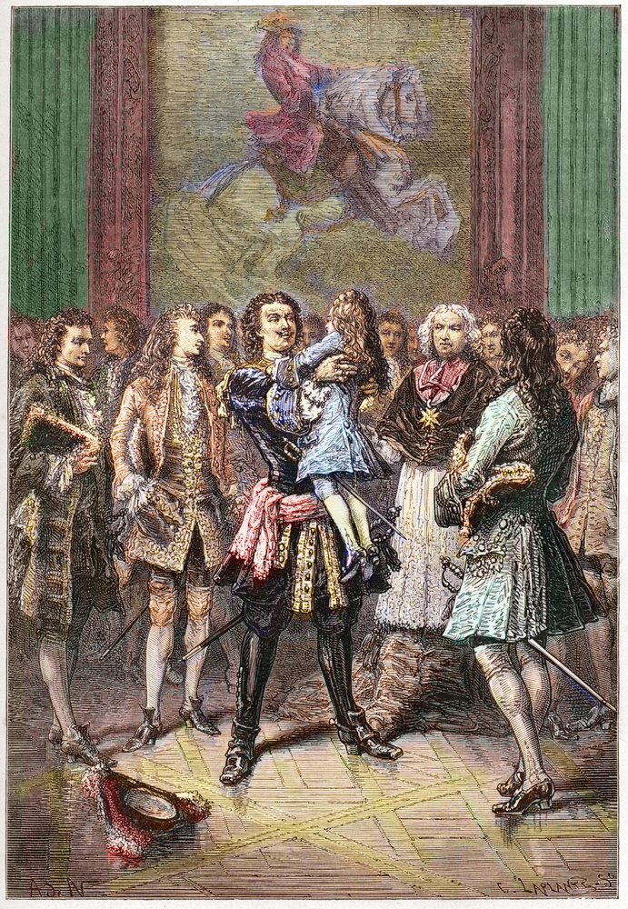 1717年、ヴェルサイユ宮殿でルイ15世を抱きかかえるロシア皇帝
