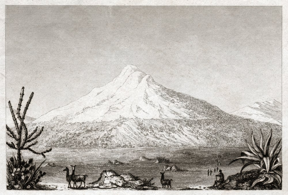 チンボラゾ火山。(エッチング、1840年頃) 作： フリードリヒ・アレクサンダー・バロン・フォン（後）フンボルト