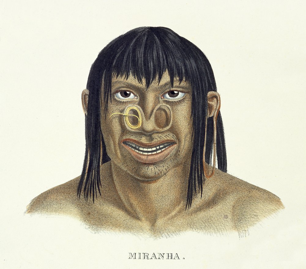 ミランハ族の先住民で、鼻の装飾が施された、ブラジルの旅の地図から