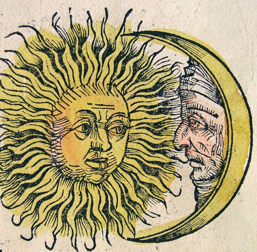 月と太陽　絵画3点 太陽と月、ニュルンベルク年代記、1493年に公開