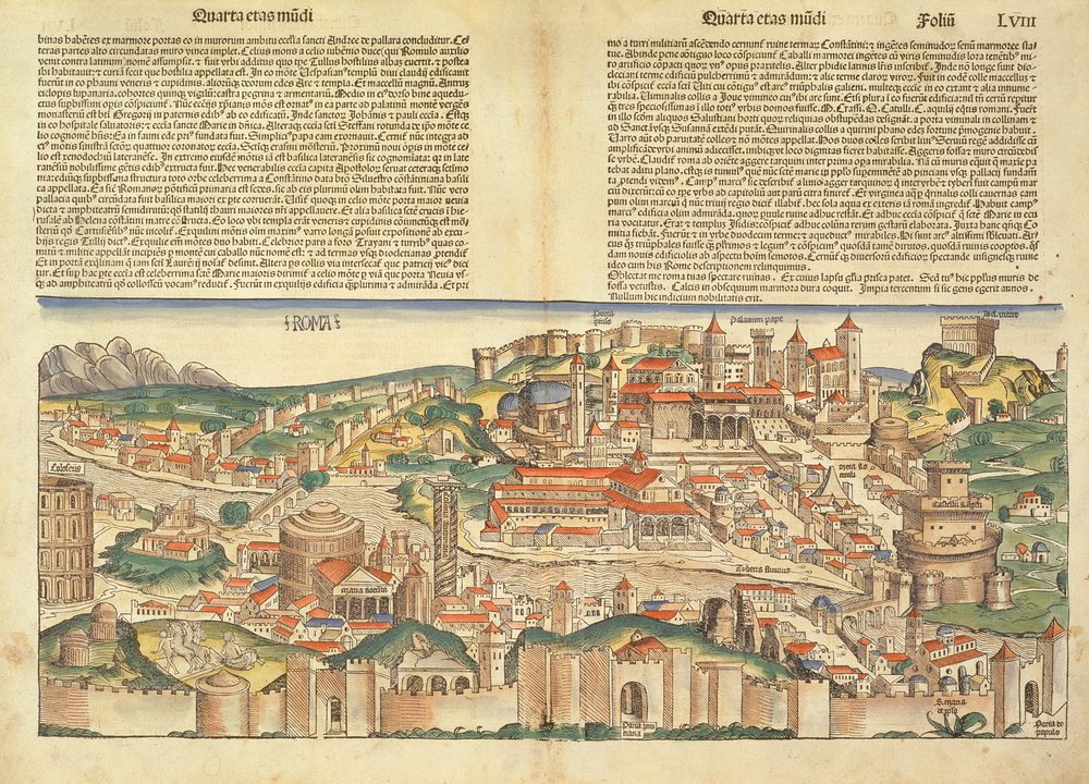 ニュルンベルク年代記からのローマ市の眺め、Hartmann Schedel（1440