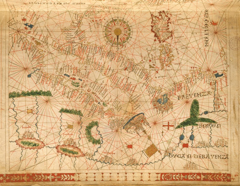 1520年の航海地図からのプロヴァンスとイタリア（インクのベラム紙）（330915からの詳細）