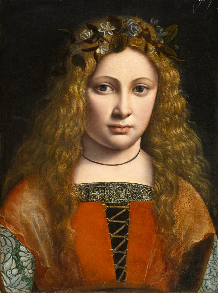 花冠をかぶった若い少女の肖像、1490年頃 作： ジョヴァンニアントニオボルトラフィオ
