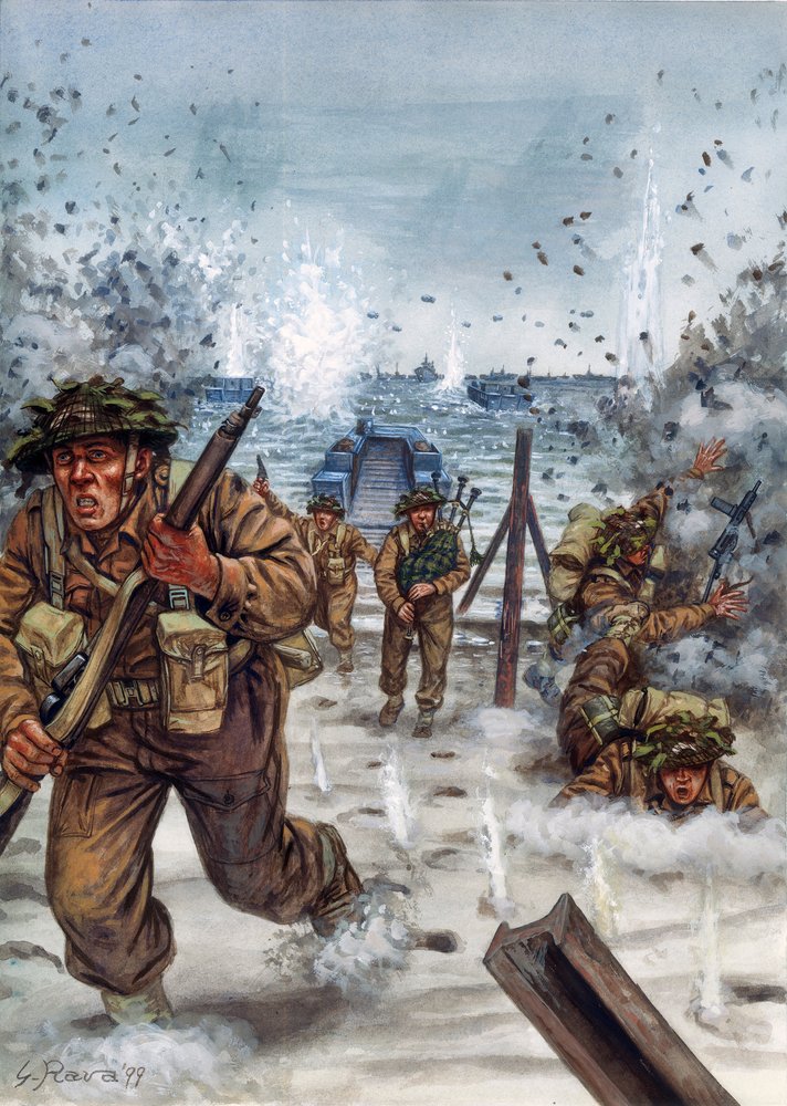 第二次世界大戦：ノルマンディー上陸作戦中のスコットランド兵 1944年6月6日 - WWII, D day：1944年6月6日、ノルマンディー上陸の日のスコットランド兵  - イラスト：Giuseppe Rava