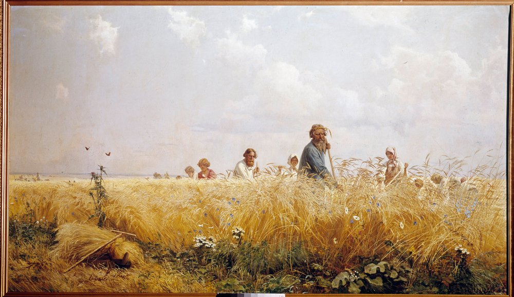 bles を刈っているロシアの農民を収穫します。 Grigori Miassoiedow