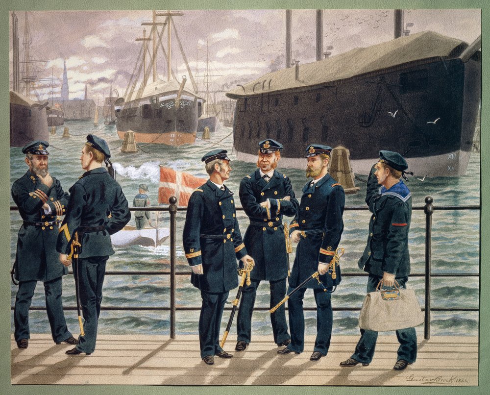 デンマーク海軍の将校と軍隊。 グスタフ・ブロックの水彩画