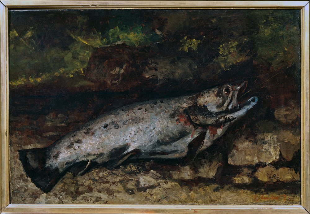 魚の鱒の静物画です。ギュスターヴ・クールベ（1819-1877）の絵画