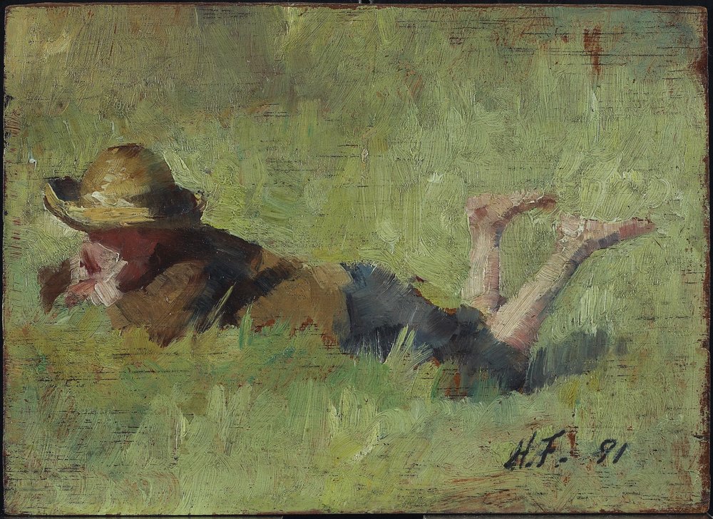 1877年頃製英国画家ハーディ原画の模写木板油彩画golding作「出発の杯」 草に横たわる少年、1890年（木製パネルに油彩）