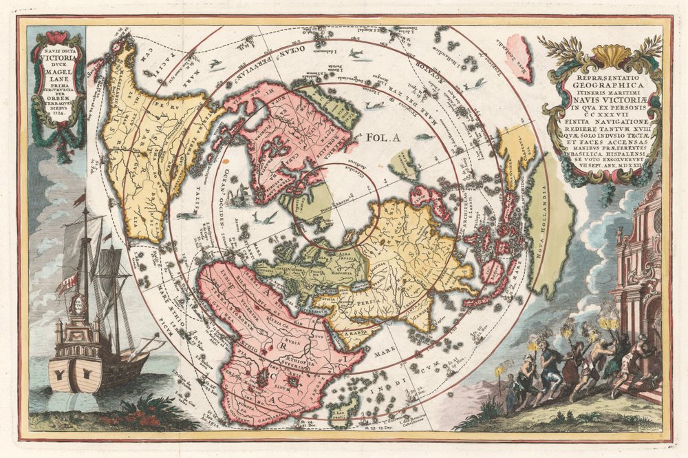 マゼランの世界周航を含む世界地図 Scherer の Atlas novus、1702-1703