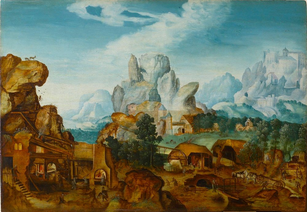 1550 年以前のエジプトへの逃避、鍛冶屋のある岩の風景。