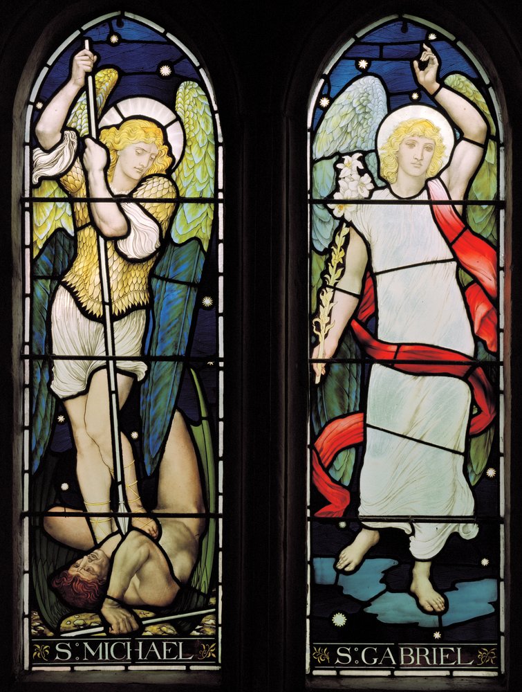三日間のみ5万円引き　再現不可能！大天使ミカエルのステンドグラス 教会　キリスト 大天使聖ミカエル＆聖ガブリエル、1882年（ステンドグラス）