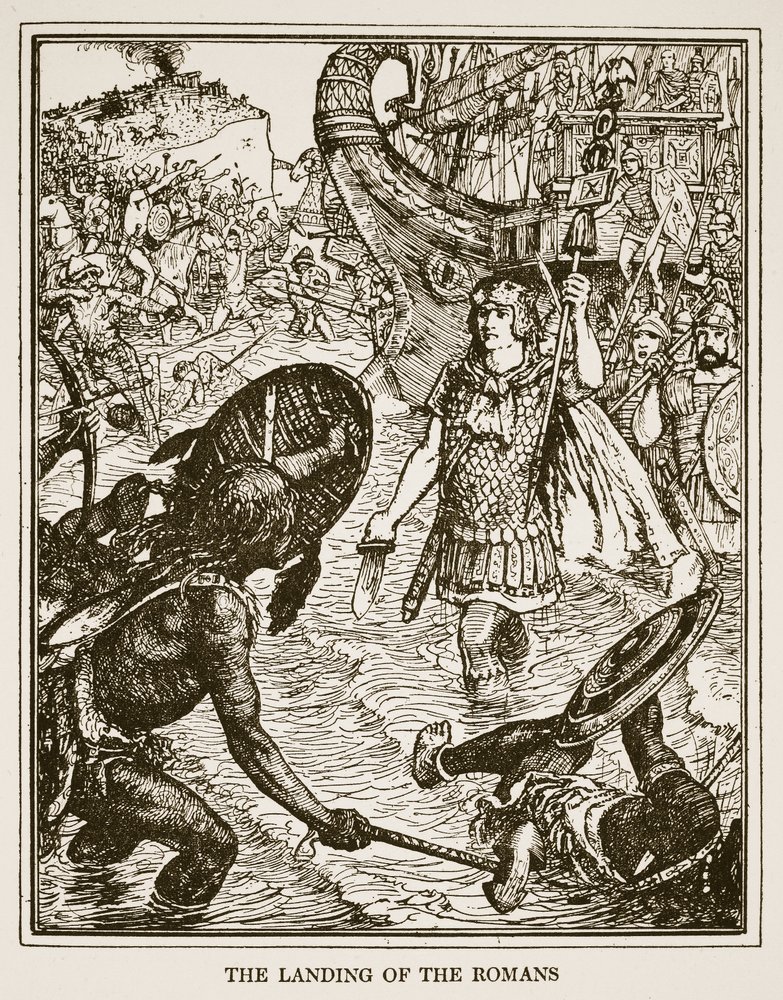 ローマ人の着陸、CRLフレッチャーとラドヤードキプリングによる「イングランドの歴史」のイラスト、1911 作： ヘンリージャスティスフォード