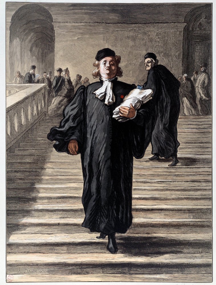 裁判所でドレスを着た弁護士。リトグラフ：オノレ・ドーミエ（1808