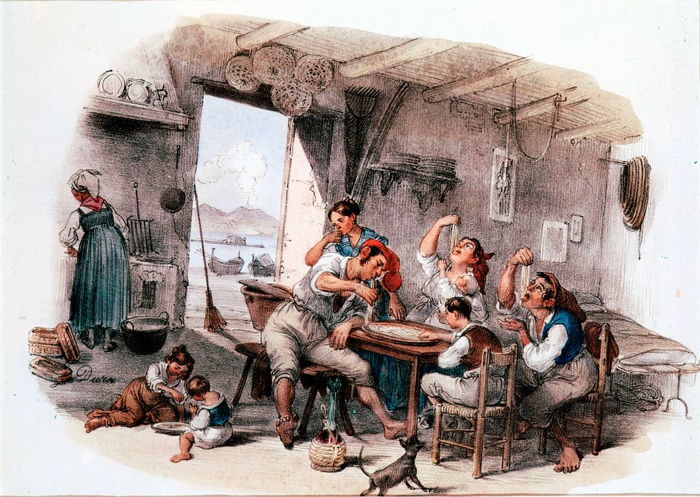 おそらくナポリの家族が手でマッケローニを食べている様子 19世紀の