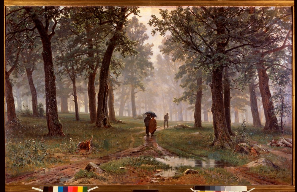 オークの森の雨 - Ivan Ivanovich Shishkin (Shishkin) (1832-1898) の絵画、キャンバスに油彩