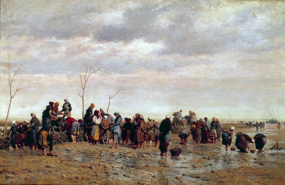 E・ブーダン、SCENE DE PLAGE、海外版超希少レゾネ、新品額付 海の採集者たち。牡蠣の養殖：女性たちが低地のマリーで牡蠣を採取する