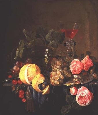 果実と花の静物画（油彩・キャンバス）