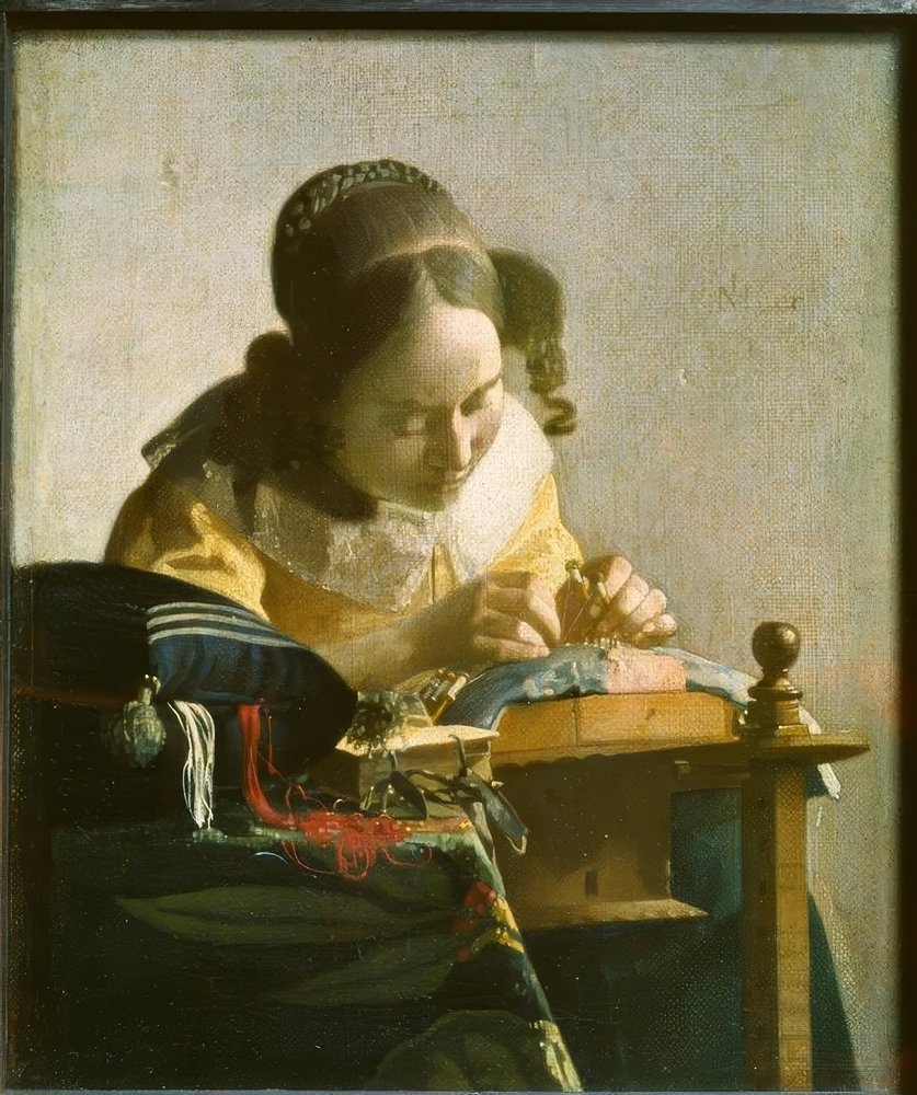 絵画原画（レースのひだに包まれて）　ヨーキーと少女の絵　レースのある室内風景画 レースを編む女 | アートプリント