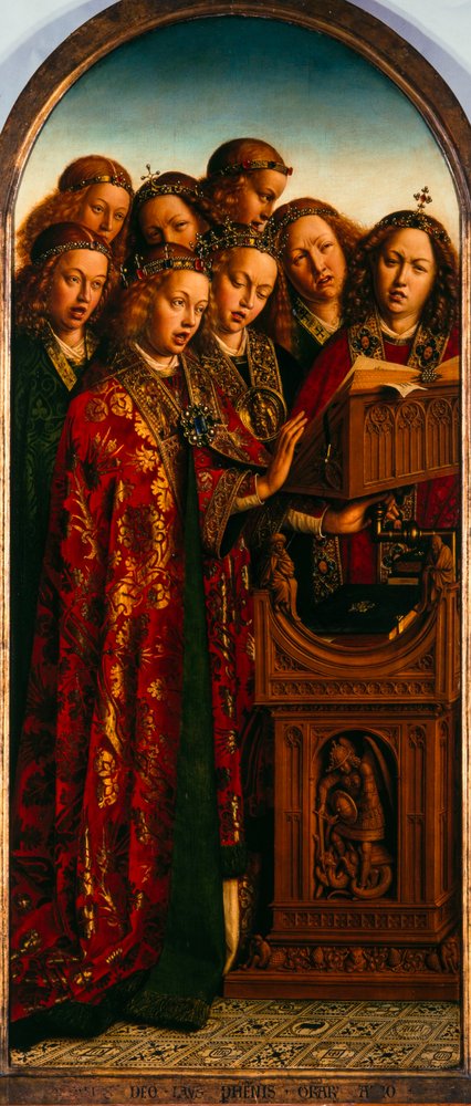 ゲントの祭壇画。 神秘の子羊の崇拝：歌う天使、1432年。