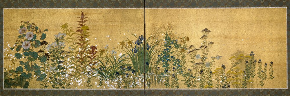 日本美術：花をあしらった屏風。琳派（1596-1615）の様式。絹地に描か