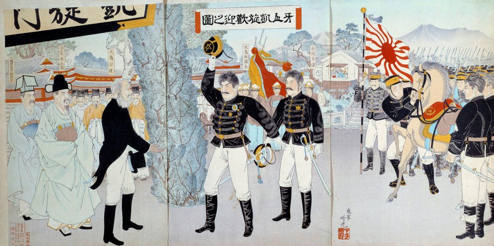 大日本帝国の勃興：左は封建制度に基づく旧日本社会、右は中国やロシア