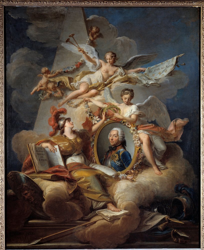フランスのマレシャル（1684-1761）であるベルアイル公爵ルイ・シャルル・オーギュスト・フーケのアレゴリーな肖像画。絵画の中の絵画。ジャン ...