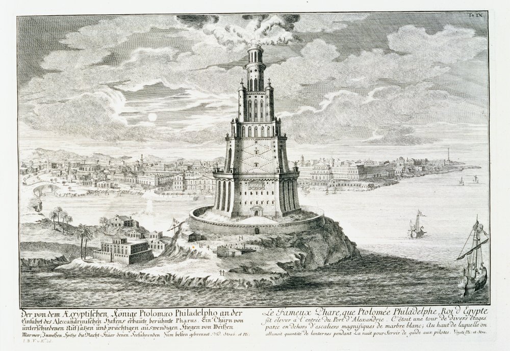 アレキサンドリアのファロス、「Entwurf einer historischen Architektur」のプレート9、Johann Adam Delsenbach (1687-1765) 1721年 (エングレーヴィング) 作： ヨハン・ベルンハルト（後）フィッシャー・フォン・エルラッハ