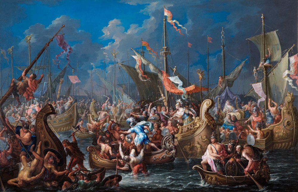 アクティウムの戦いでのアンソニーとクレオパトラ（銅に油彩） 作： ヨハン・ゲオルク・プラッツァー