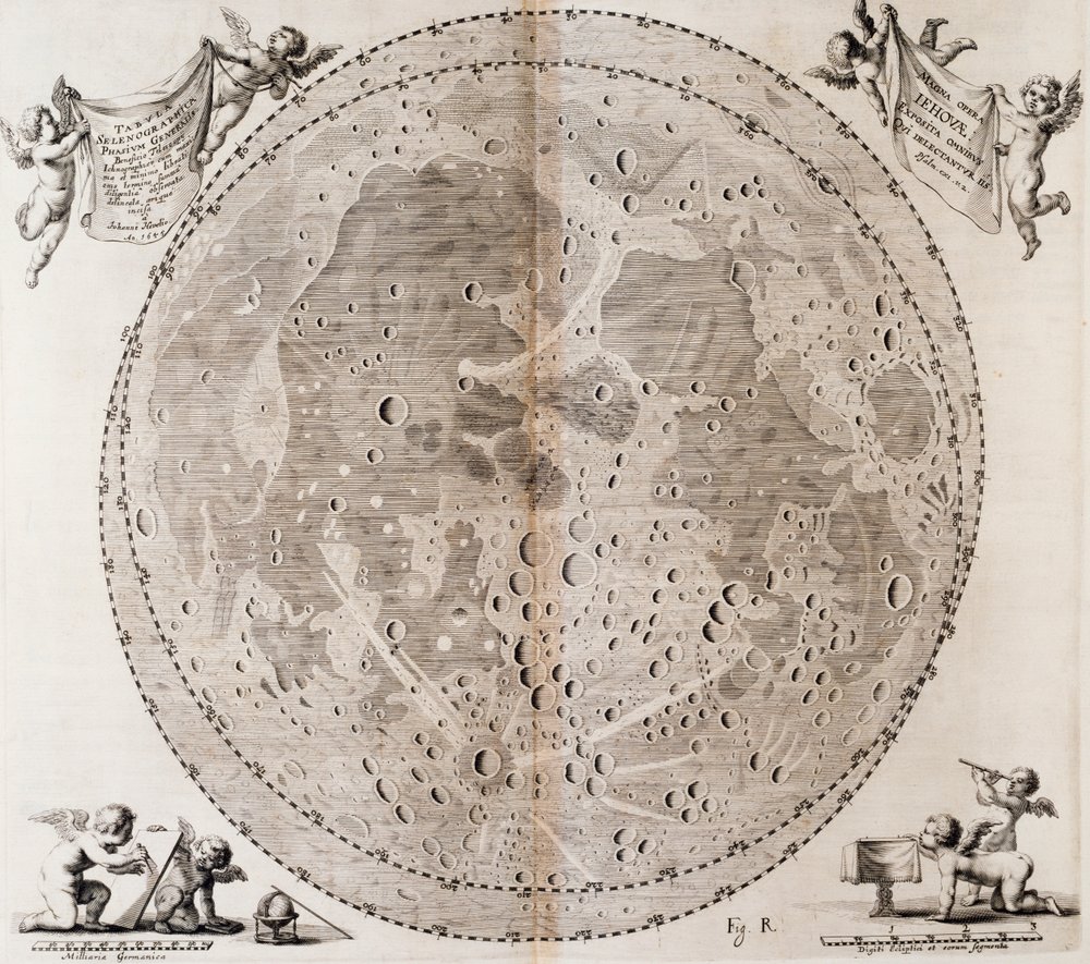 1647年にヨハン・ヘベリウスが描いた最初の月の詳細な地図（ヨハン