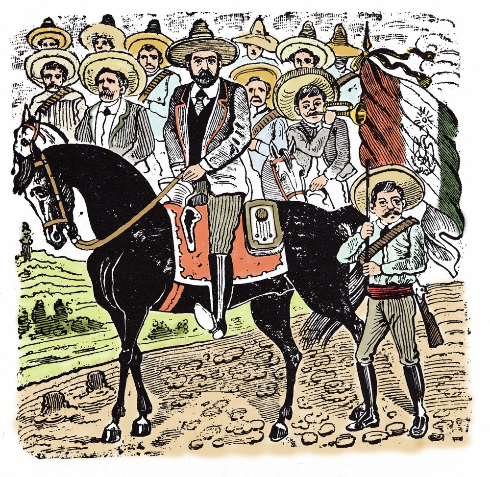 メキシコ革命（1910年～1920年）の様子。フランシスコ・インダレシオ・マデロ（1873-1913）メキシコ革命家の肖像。ホセ・グアダルーペ・ポサダ(1852-1913)のキシログラフィー。