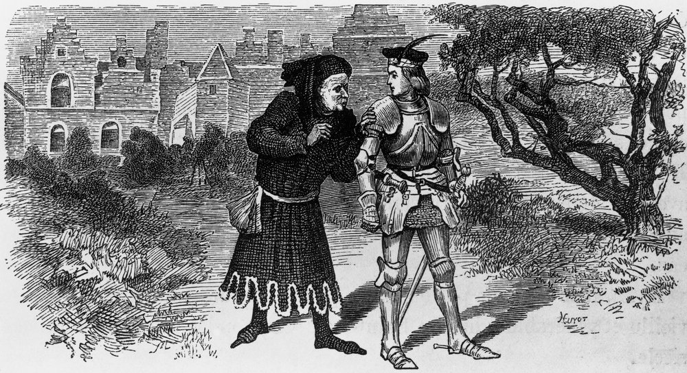 Quentin Durward のイラスト、Walter Scott (1771-1832) による歴史小説、Jules Huyot (1841-1921) による彫刻 作： ジュール・ユヨー