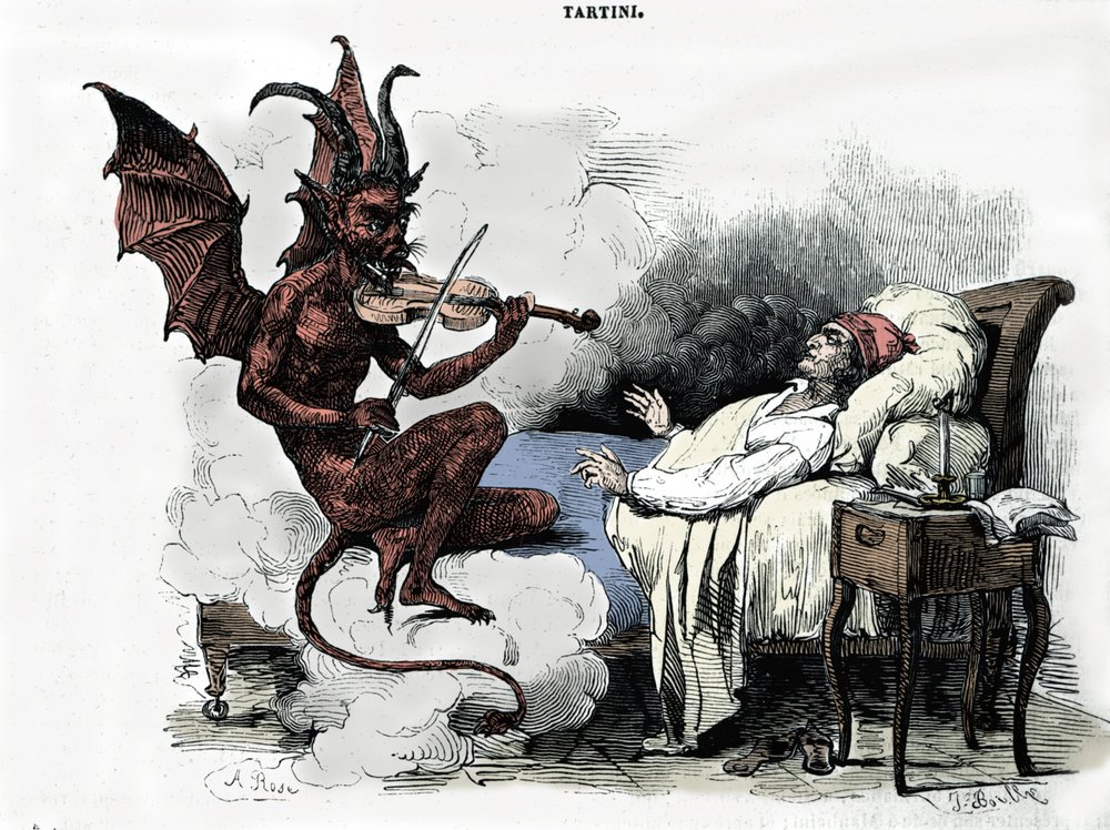 作曲家ジュゼッペ・タルティーニ（1692-1770）の夢：「Sonata des trilles du Diable」（ヴァイオリン・ソナタ  ト短調）の中で、自分の魂の代償として悪魔と契約を結び、彼にヴァイオリンを託し、悪魔が演奏するという夢を見る。