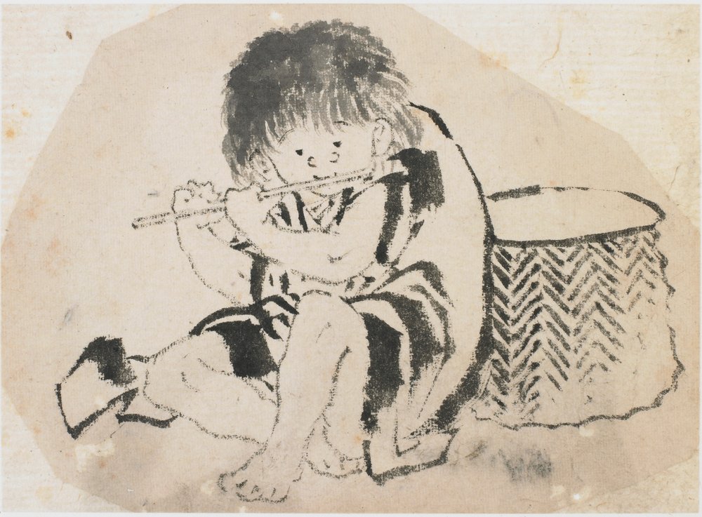 笛を吹く少年、江戸時代、約。 1840年。