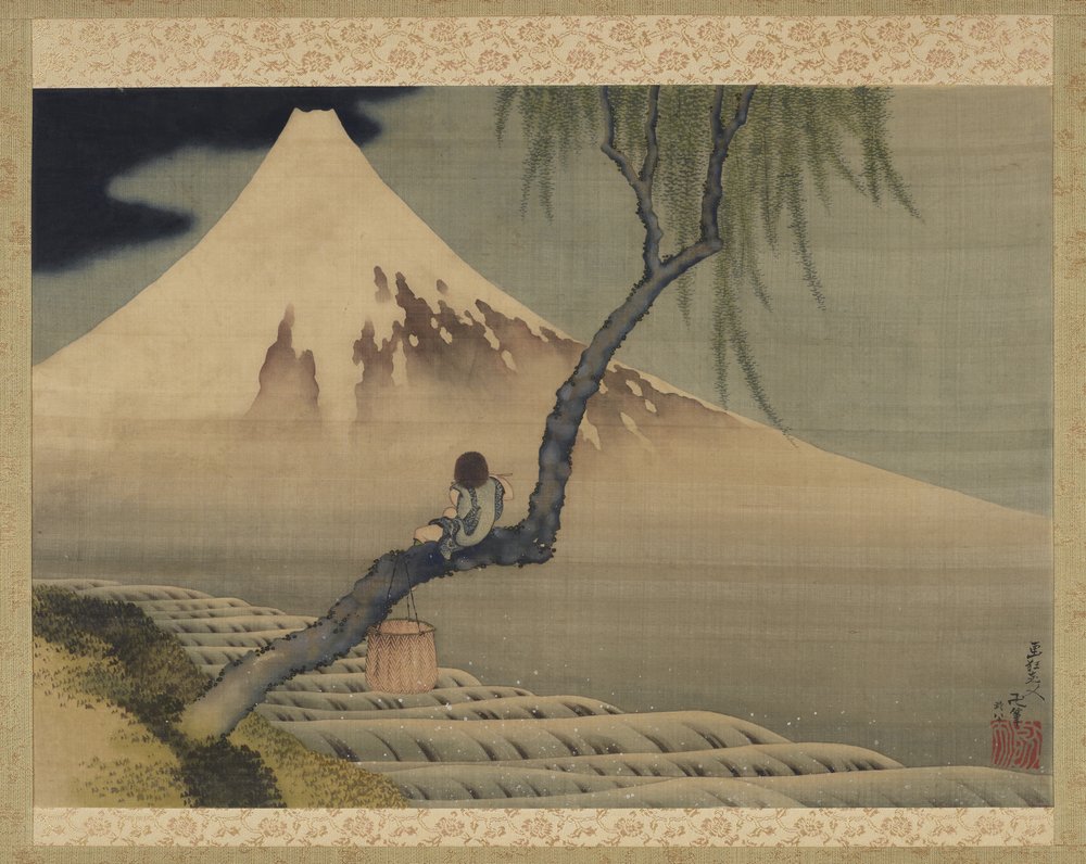 富士山　富士山の絵画 mt.fuji 風景画 ホログラム パール アート 絵 富士山を眺めている少年、1839年（シルクにインクと色）