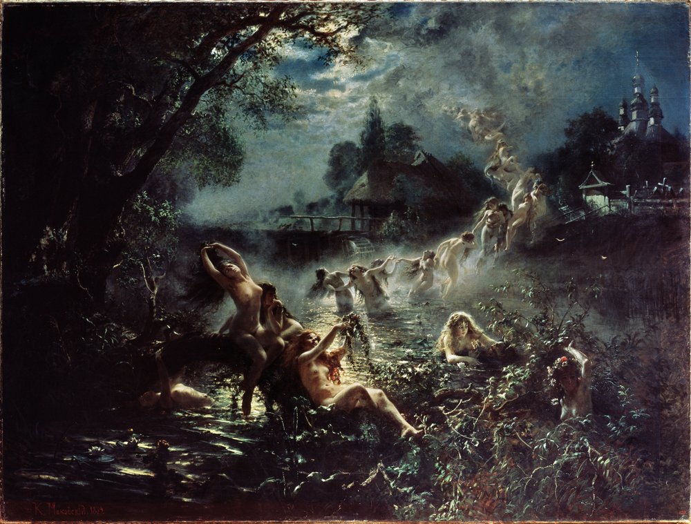 マーメイド（人魚）。 夜になると、裸の女性が川で花輪を織り、互いに