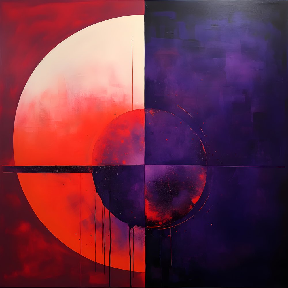 紫の円と赤い円の抽象画 3 作： カート・ヘプケ