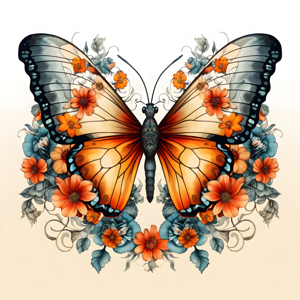 中央に蝶、左右対称、背景に花 3