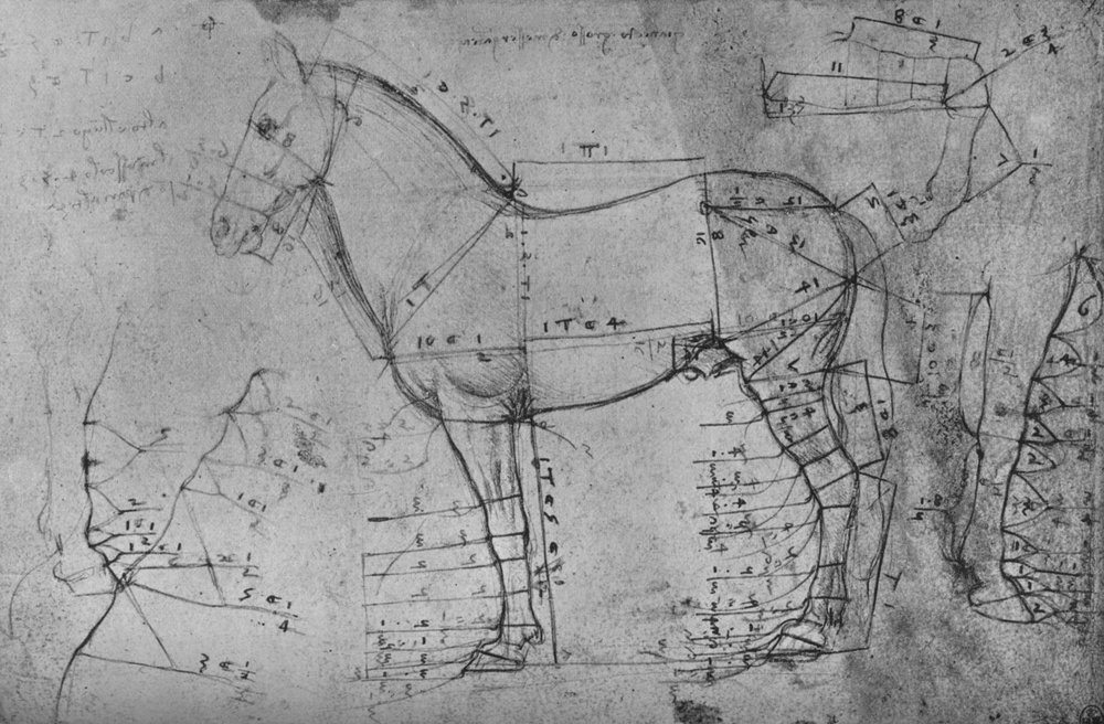 左側の横向きの馬の計測図、c1480 1945