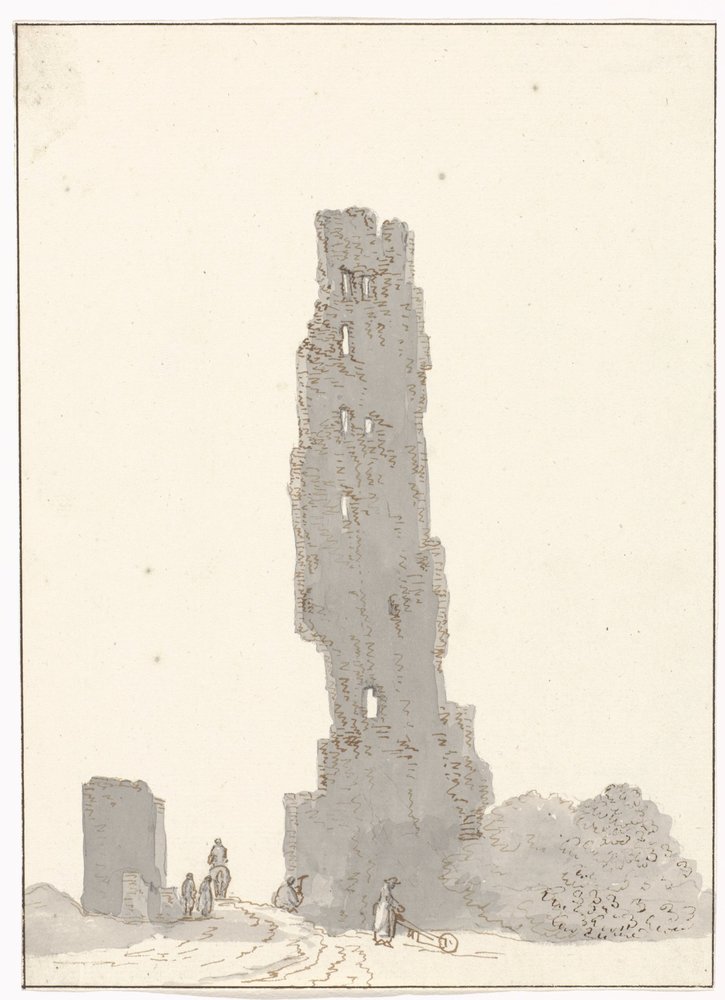 Ruïne van toren langs de grote weg tussen Terracina en Fondi テッラチーナとフォンディの間の幹線道路にあるトッレ デッレ セッテ ファッチャテ (オブジェクトのタイトル) イタリア、シチリア、マルタの旅 - 1778 (シリーズタイトル) 作： ルイデュクロス