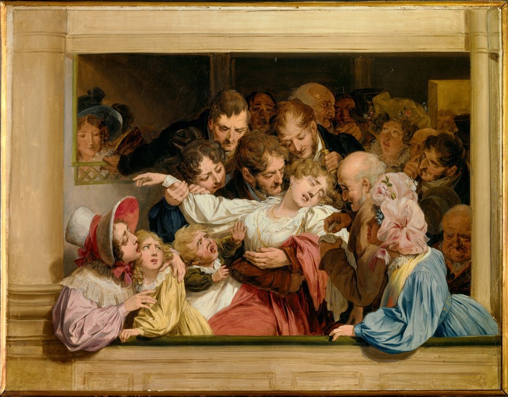 メロドラマの効果 劇場の楽屋で気絶する若い女性。ルイ・レオポルド