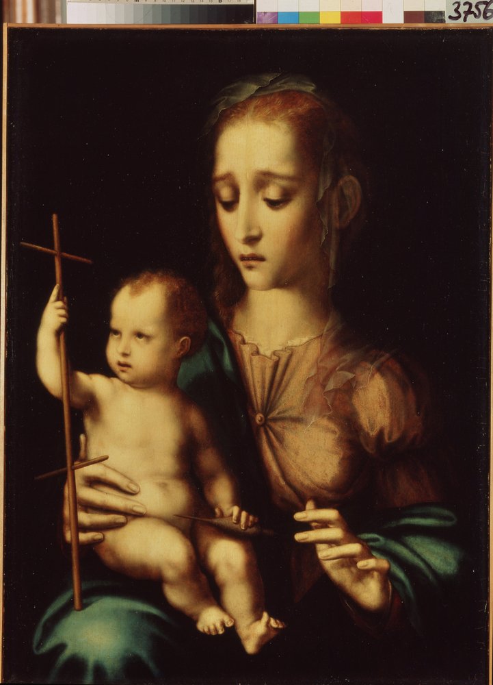 Madonna and Child with a Distaff (マドンナとチャイルド ウィズ ア ディススタッフ)。 ルイス・デ・モラレス (1509/20-1586) の絵画、1570 年頃。スペインの芸術、マニエリスム スタイル。 エルミタージュ美術館、サンクトペテルブルク。 作： ルイス・デ・モラレス