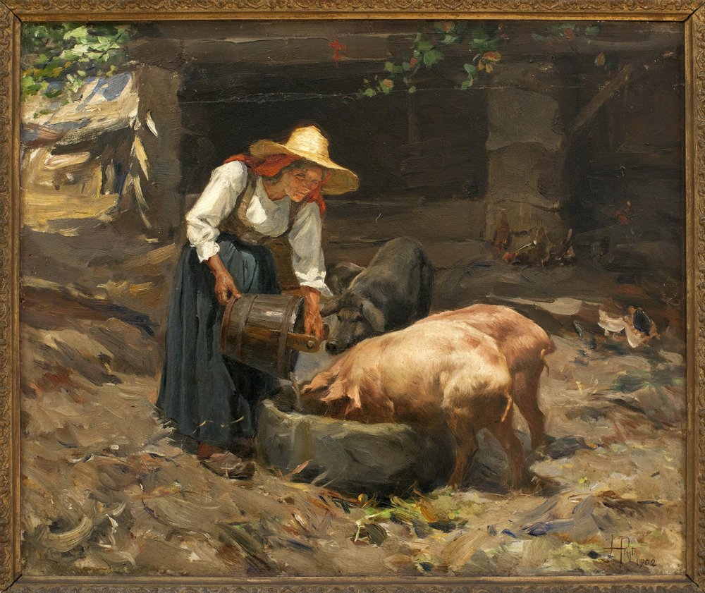 豚肉　絵画 油絵　油画　油彩画　　手描き　ART アート　F6 豚の食事。 マヌエル・エンリケ・ピント（1853-1912）による絵画、木に油彩