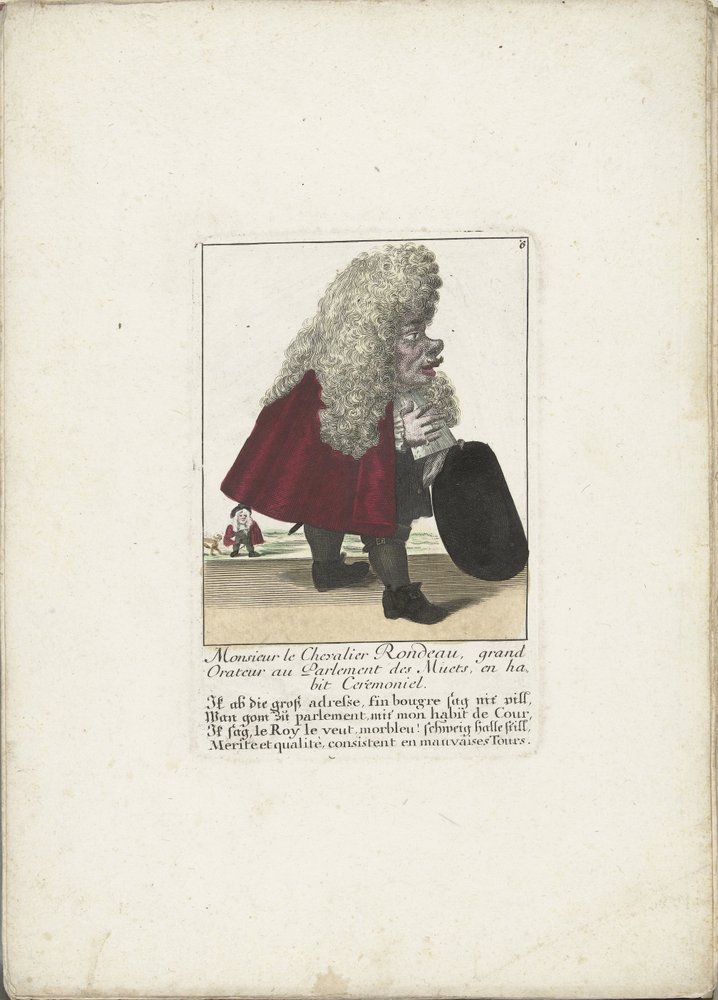 dwerg Chevalier Rondeau als een parliamentslid から。 1710年 ムッシュ・ル・シュヴァリエ・ロンドー、ミュートの議会の大雄弁家、儀式用のドレス（オブジェクトのタイトル） Il Callotto resurcitato oder Neu eingerichtes Zwerchen Cabinet (シリーズ タイトル) 作： マルティン・エンゲルブレヒト（帰属）