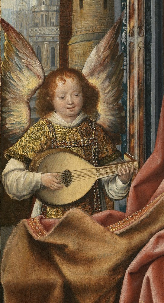 音楽を作る天使と聖家族の三連祭壇画。詳細：天使、約1510-1520年
